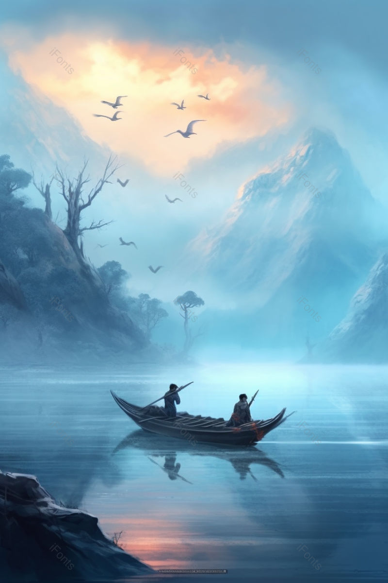 中国风蓝色山水国画河流上的小船,插画/手绘图,插画/手绘图库,插画/手绘图下载,插画/手绘
